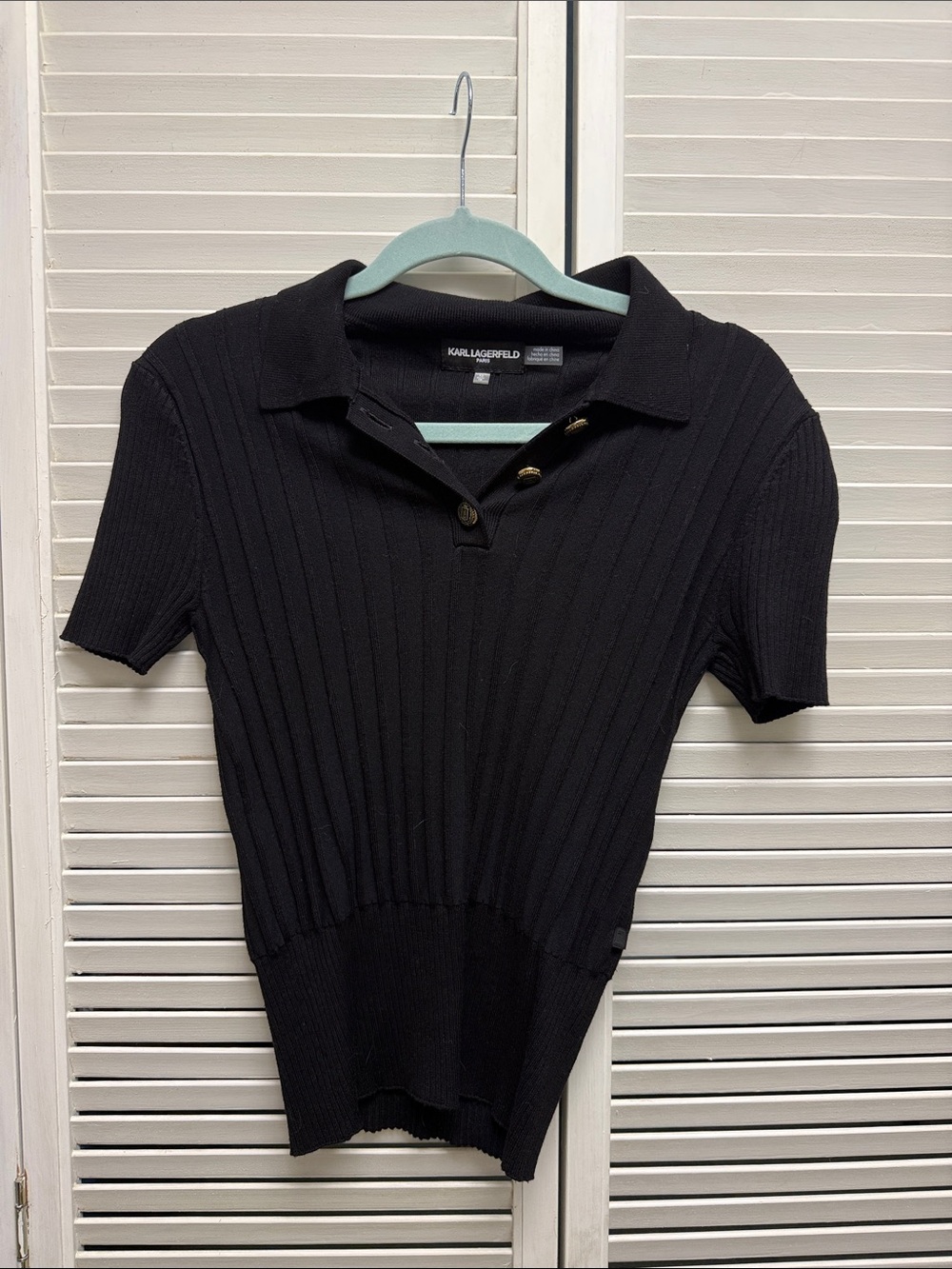 Karl Lagerfeld Black Short-Sleeve Ribbed Polo Top
